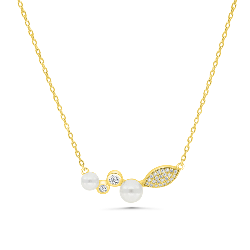 Sterling Silver 925 Necklace Gold Plated Embedded With White Shell Pearl And White CZ