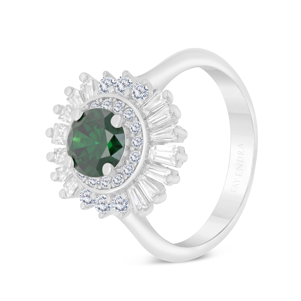 Sterling Silver 925 Ring Rhodium Plated Embedded With Emerald Zircon And White CZ