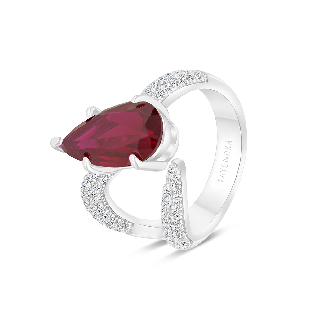 Sterling Silver 925 Ring Rhodium Plated Embedded With Ruby Corundum And White CZ