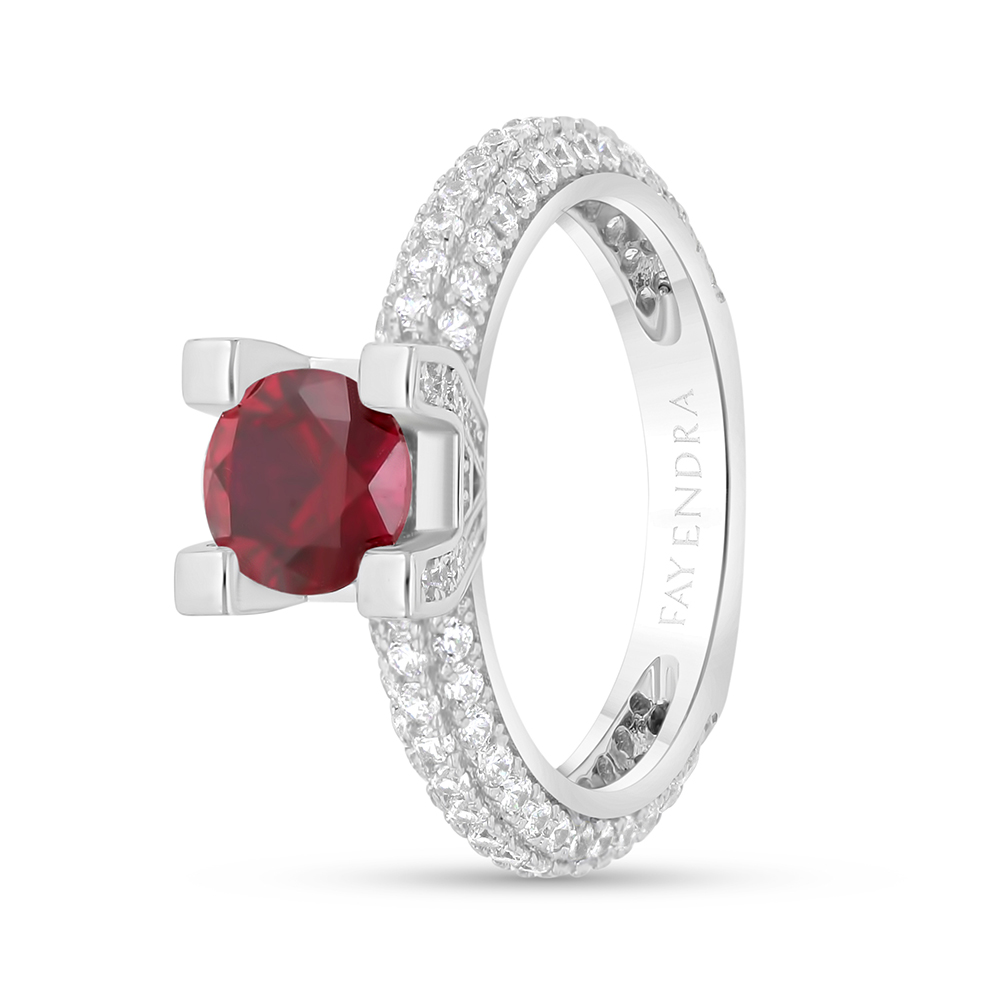 Sterling Silver 925 Ring Rhodium Plated Embedded With Ruby Corundum And White CZ