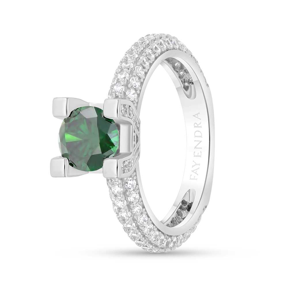 Sterling Silver 925 Ring Rhodium Plated Embedded With Emerald Zircon And White CZ