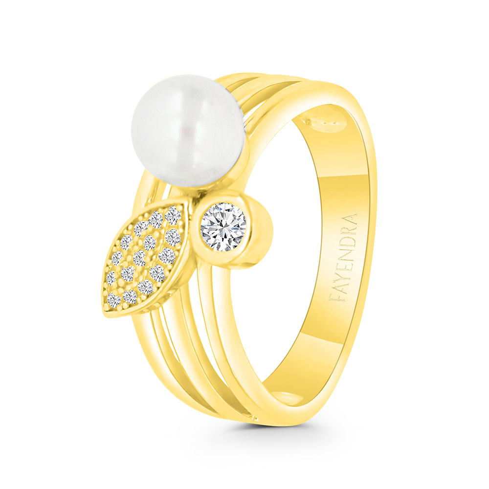 Sterling Silver 925 Ring Gold Plated Embedded With White Shell Pearl And White CZ