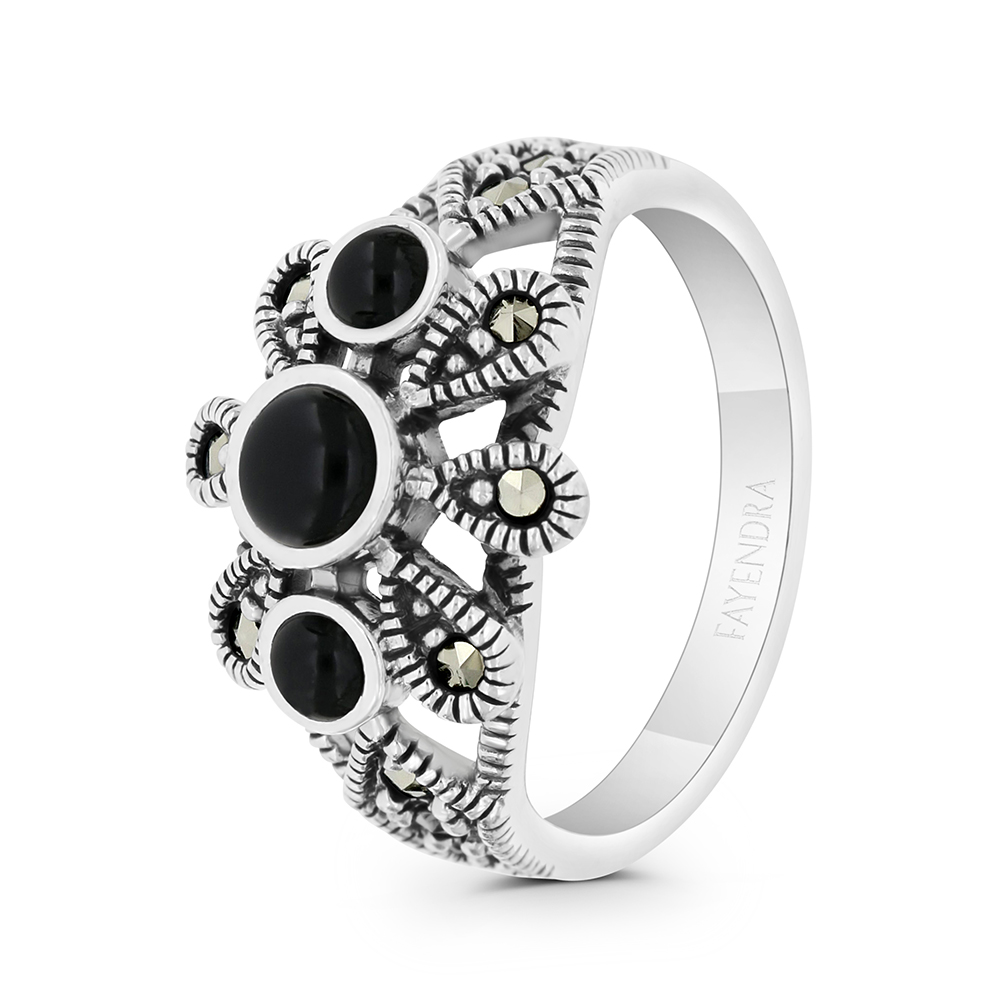 Sterling Silver 925 Ring Embedded With Natural Black Agate And Marcasite Stones