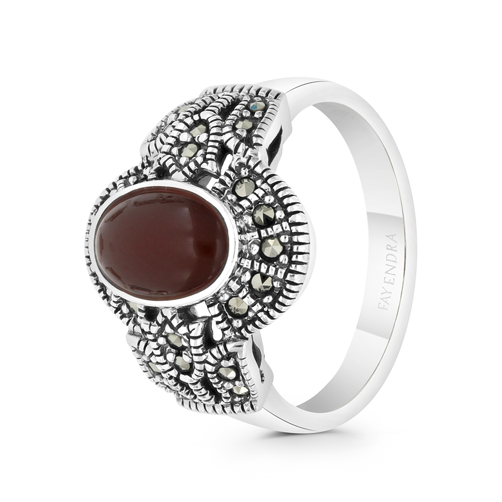 Sterling Silver 925 Ring Embedded With Natural Aqiq And Marcasite Stones