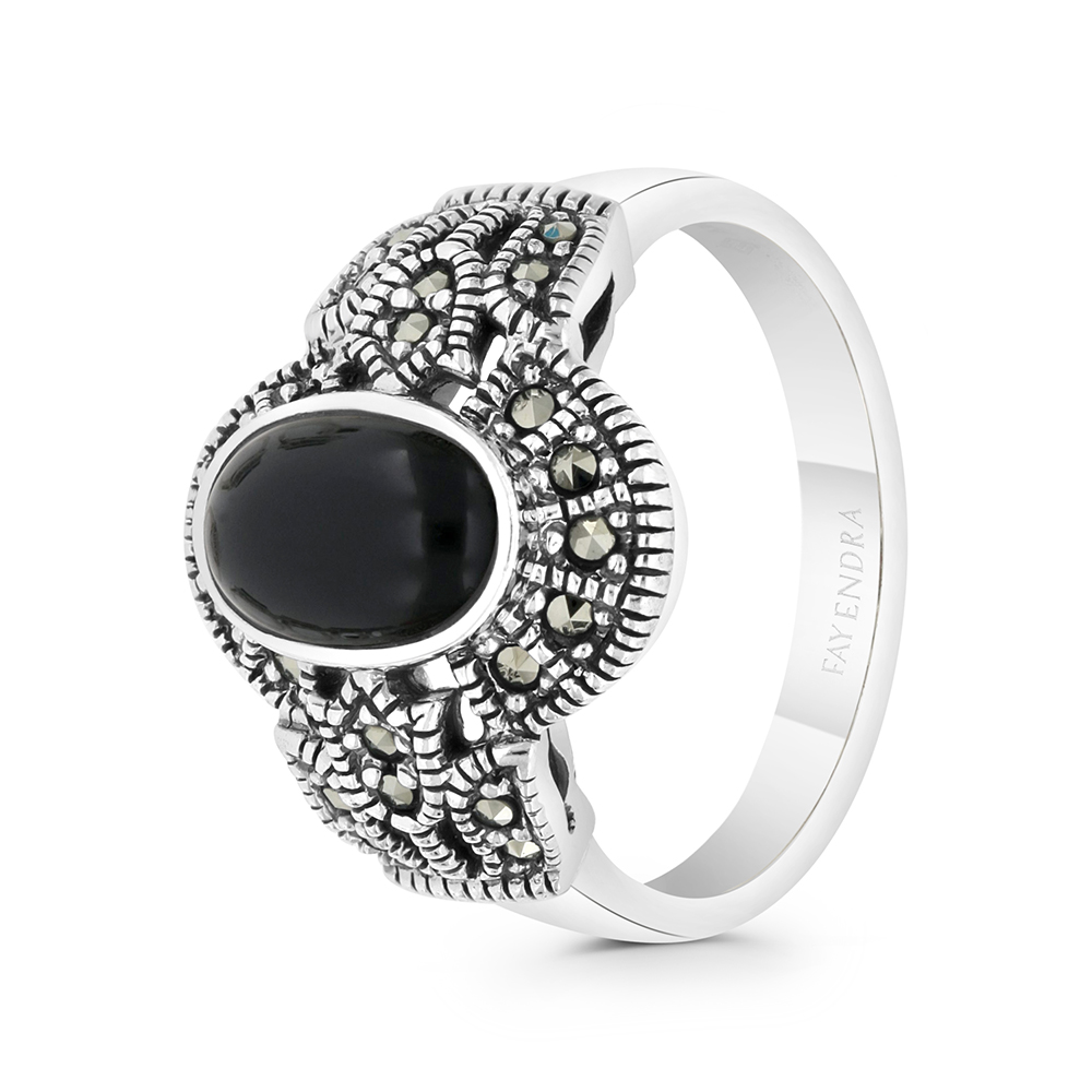 Sterling Silver 925 Ring Embedded With Natural Black Agate And Marcasite Stones