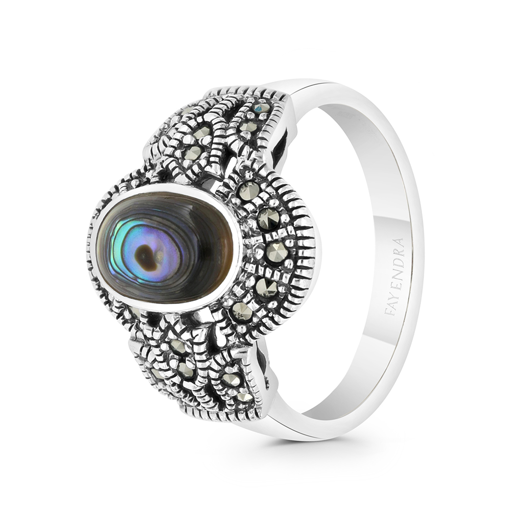 Sterling Silver 925 Ring Embedded With Natural Blue Shell And Marcasite Stones