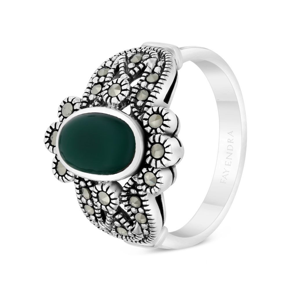 Sterling Silver 925 Ring Embedded With Natural Green Agate And Marcasite Stones