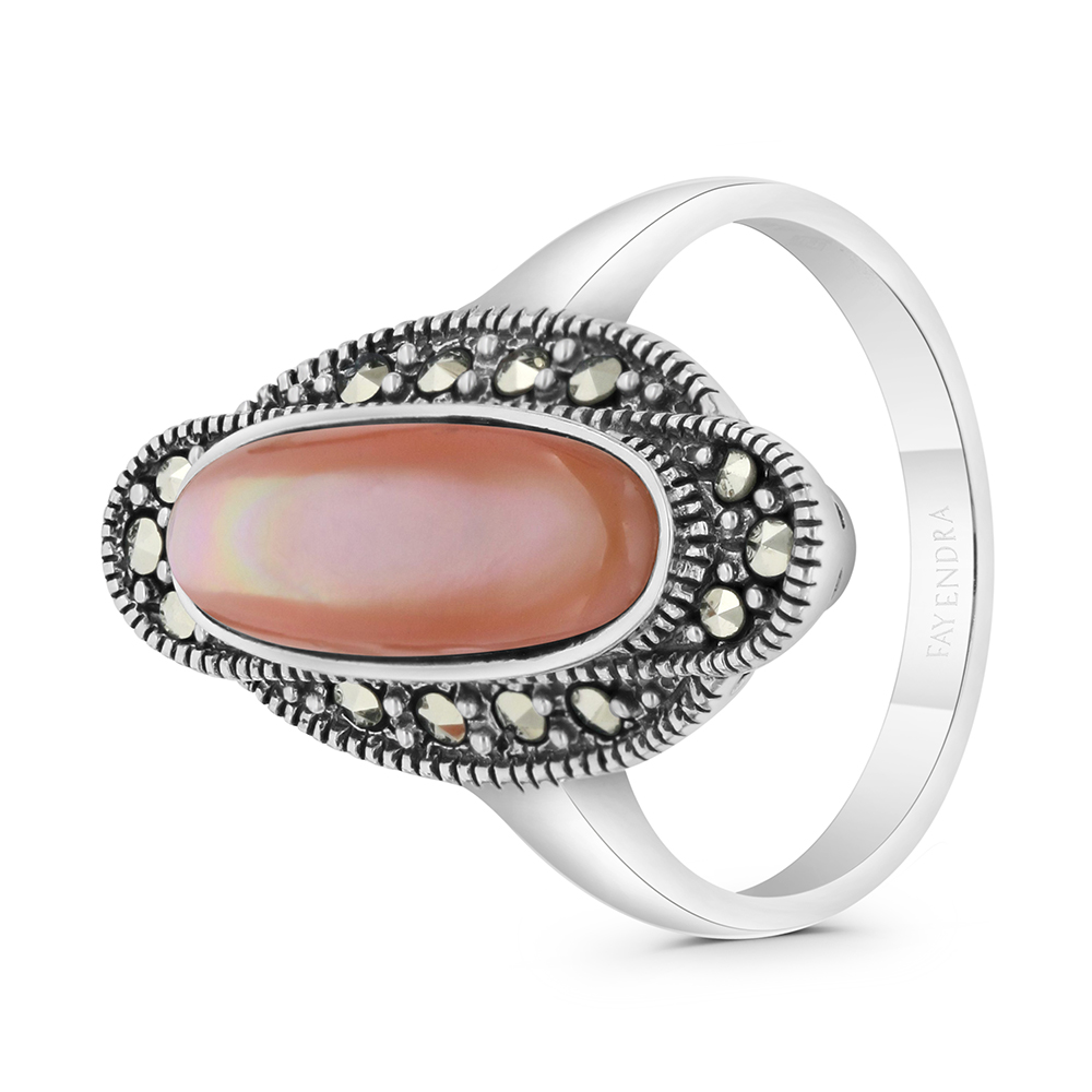 Sterling Silver 925 Ring Embedded With Natural Pink Shell And Marcasite Stones