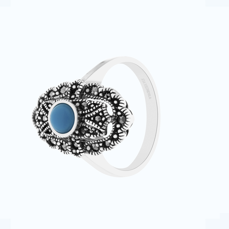 Sterling Silver 925 Ring Embedded With Natural Processed Turquoise And Marcasite Stones