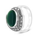 Sterling Silver 925 Ring Embedded With Natural Green Agate And Marcasite Stones