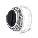 Sterling Silver 925 Ring Embedded With Natural Black Agate And Marcasite Stones