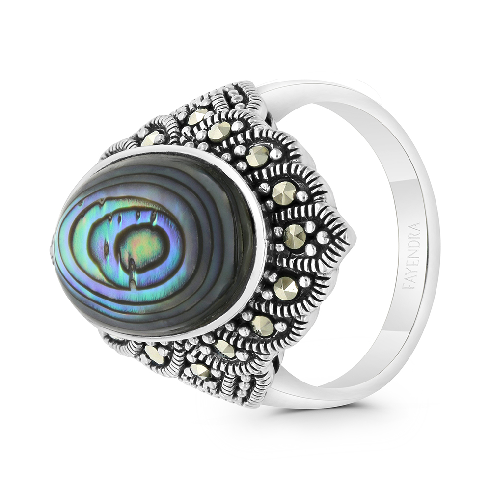 Sterling Silver 925 Ring Embedded With Natural Blue Shell And Marcasite Stones