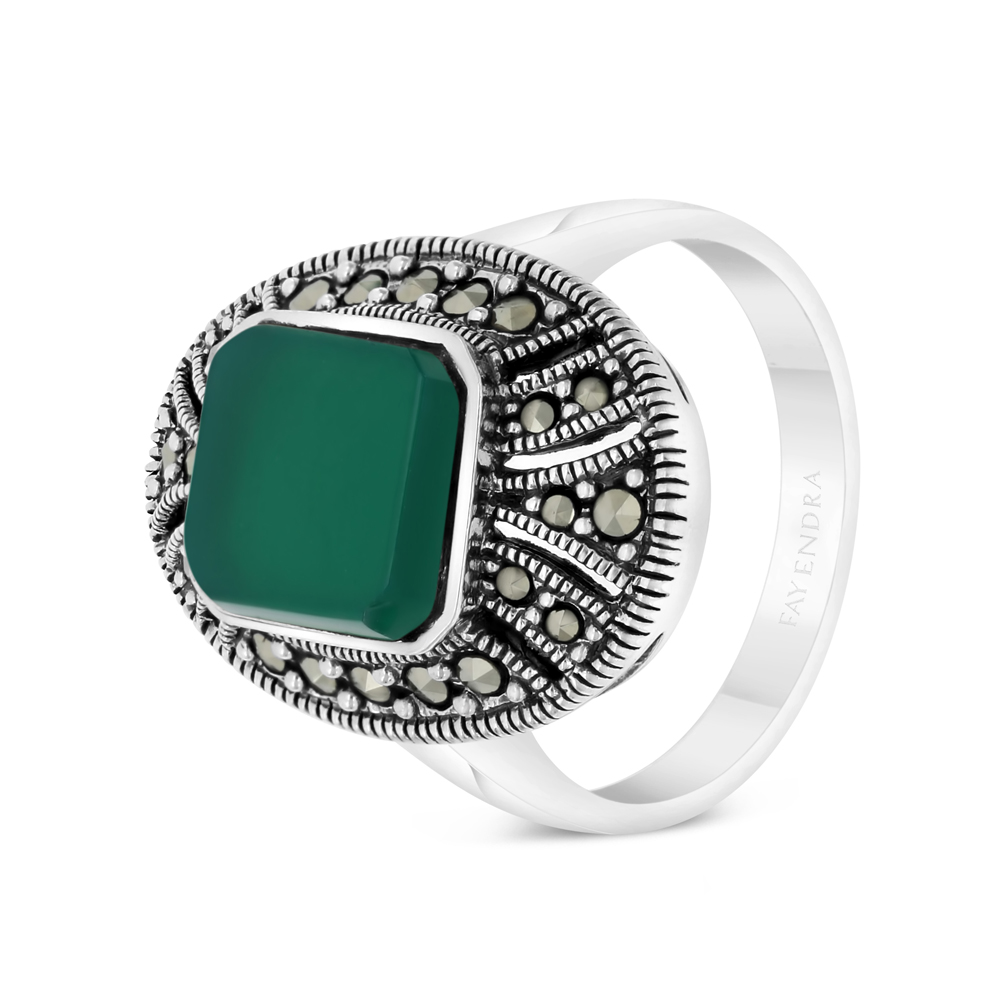 Sterling Silver 925 Ring Embedded With Natural Green Agate And Marcasite Stones