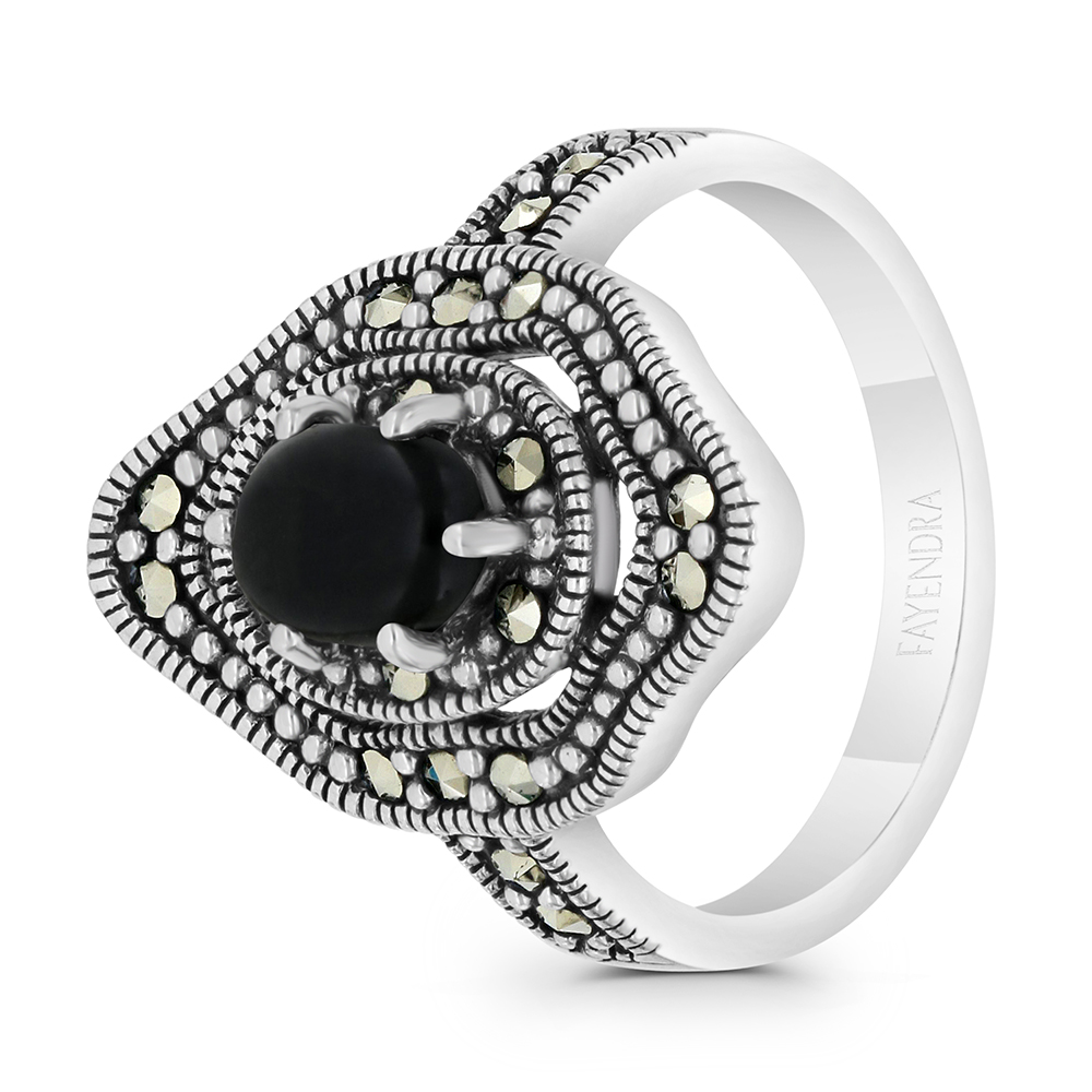Sterling Silver 925 Ring Embedded With Natural Black Agate And Marcasite Stones