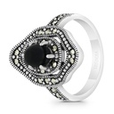 Sterling Silver 925 Ring Embedded With Natural Black Agate And Marcasite Stones
