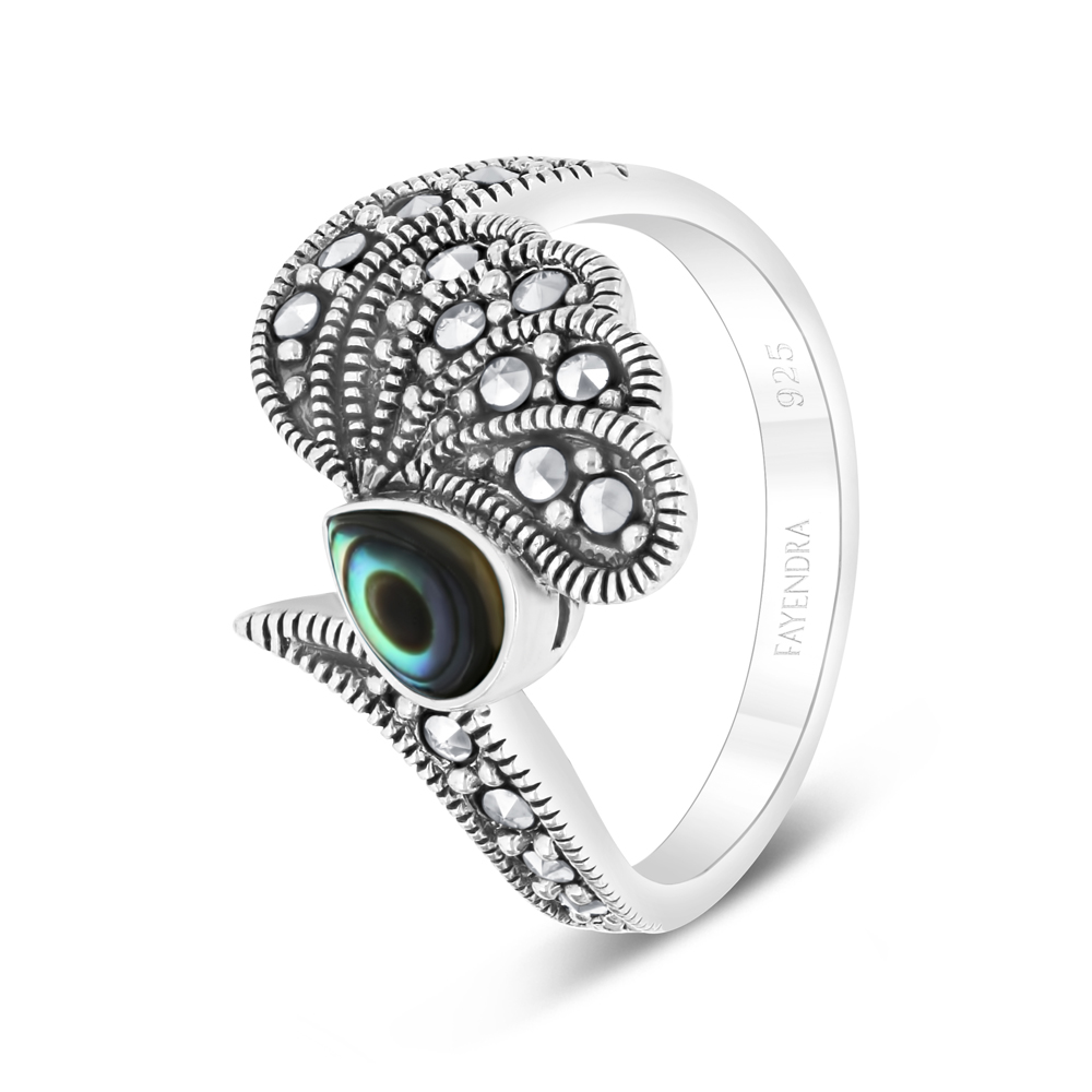 Sterling Silver 925 Ring Embedded With Natural Blue Shell And Marcasite Stones