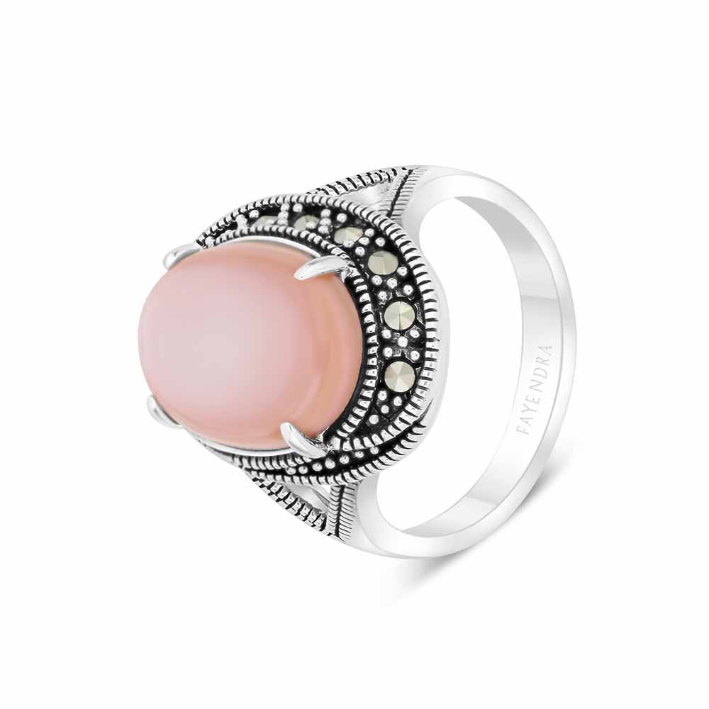 Sterling Silver 925 Ring Embedded With Natural Pink Shell And Marcasite Stones
