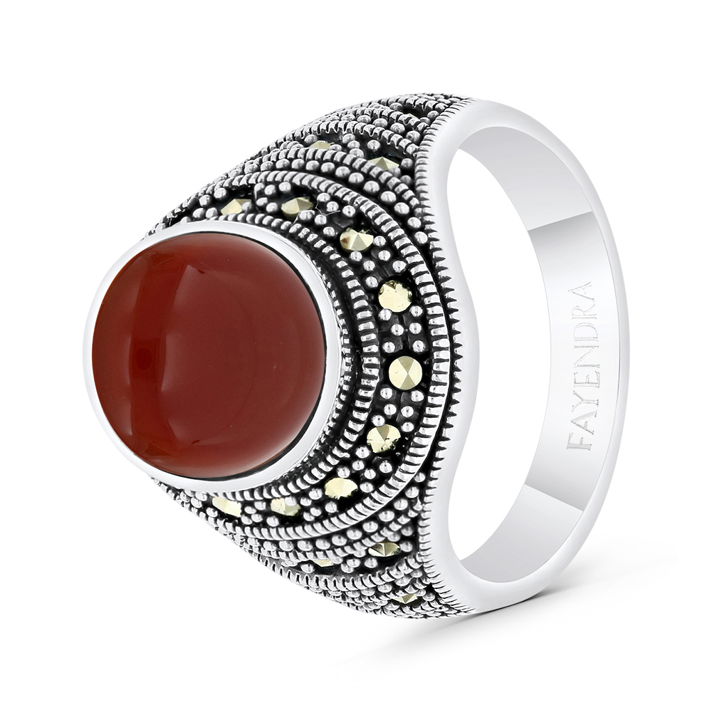 Sterling Silver 925 Ring Embedded With Natural Aqiq And Marcasite Stones For Men