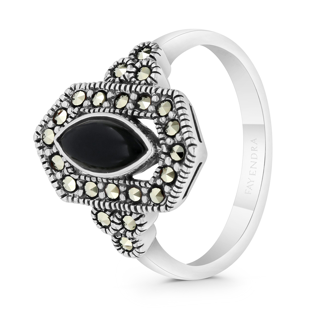 Sterling Silver 925 Ring Embedded With Natural Black Agate And Marcasite Stones
