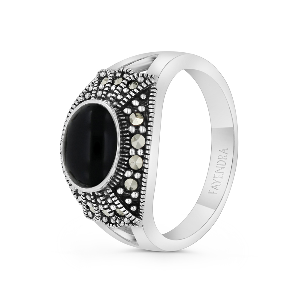 Sterling Silver 925 Ring Embedded With Natural Black Agate And Marcasite Stones
