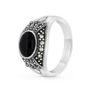 Sterling Silver 925 Ring Embedded With Natural Black Agate And Marcasite Stones