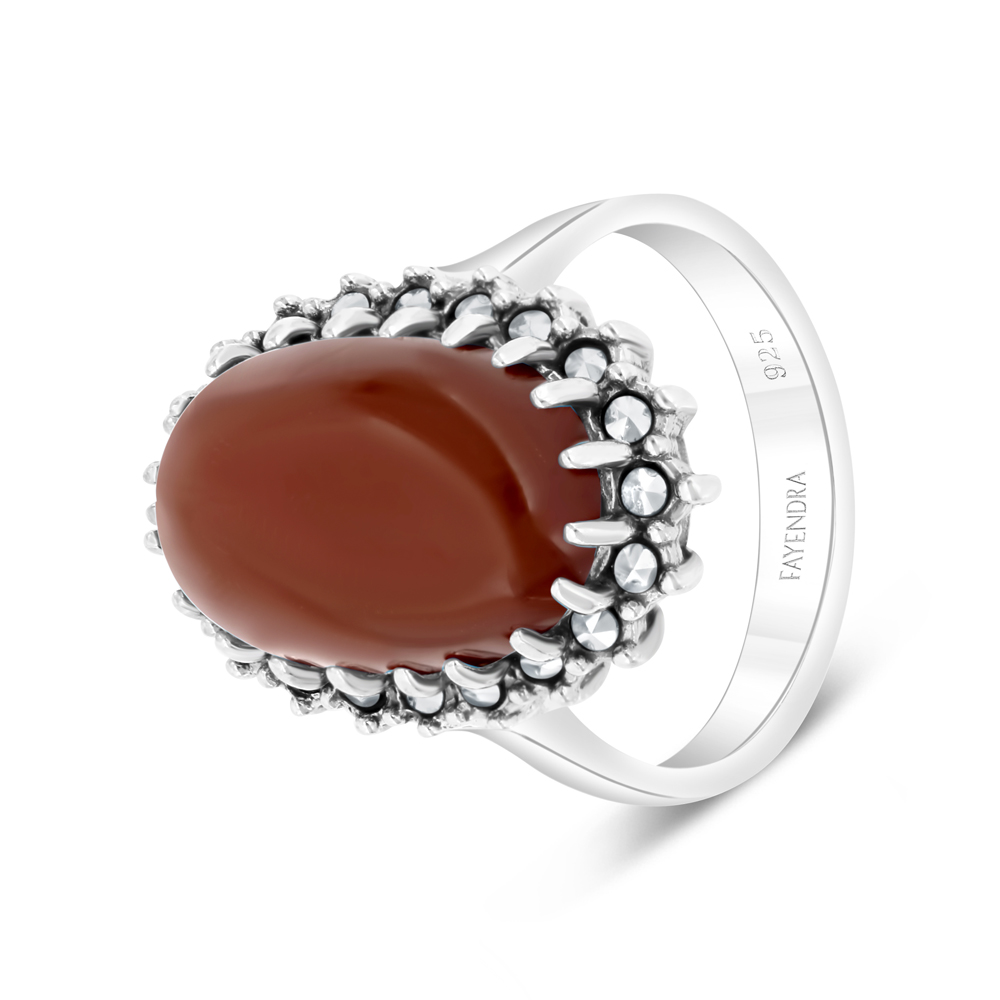 Sterling Silver 925 Ring Embedded With Natural Aqiq And Marcasite Stones