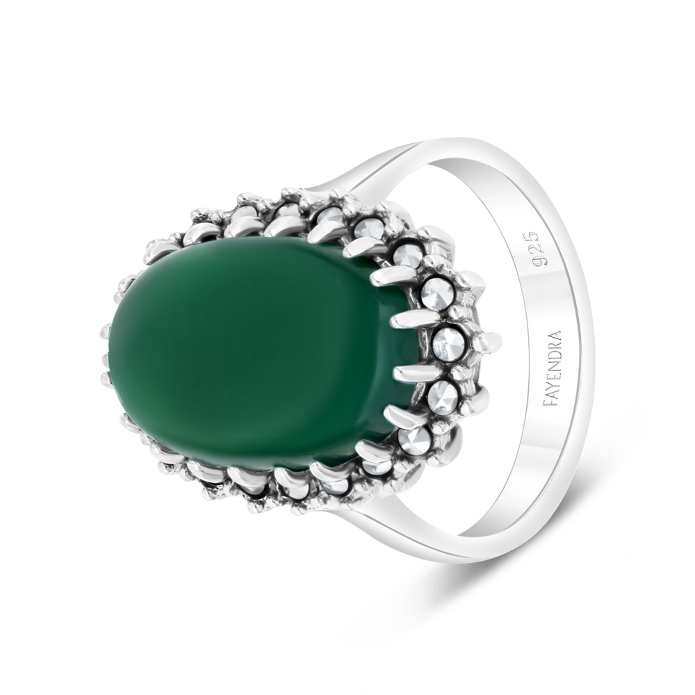 Sterling Silver 925 Ring Embedded With Natural Green Agate And Marcasite Stones