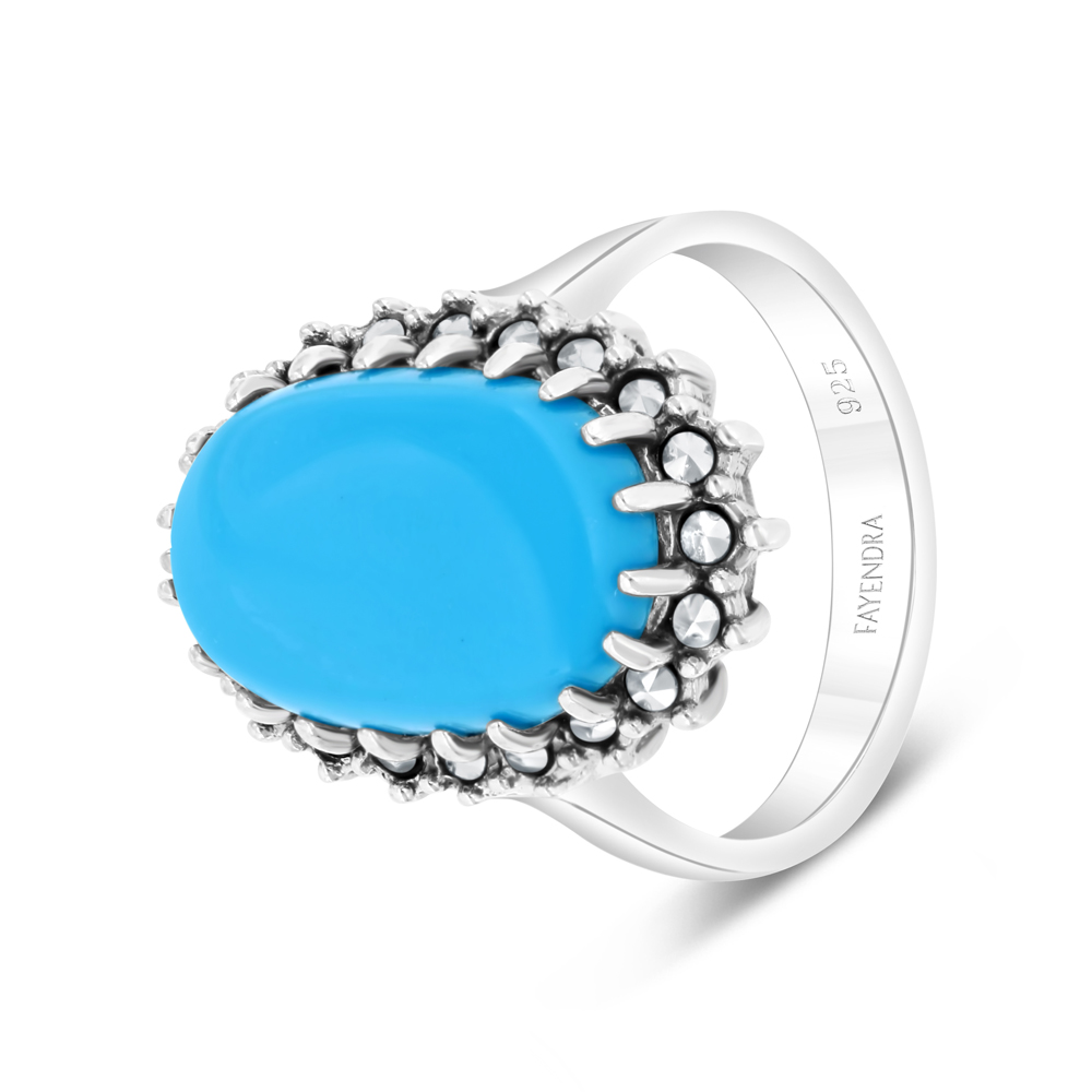 Sterling Silver 925 Ring Embedded With Natural Processed Turquoise And Marcasite Stones