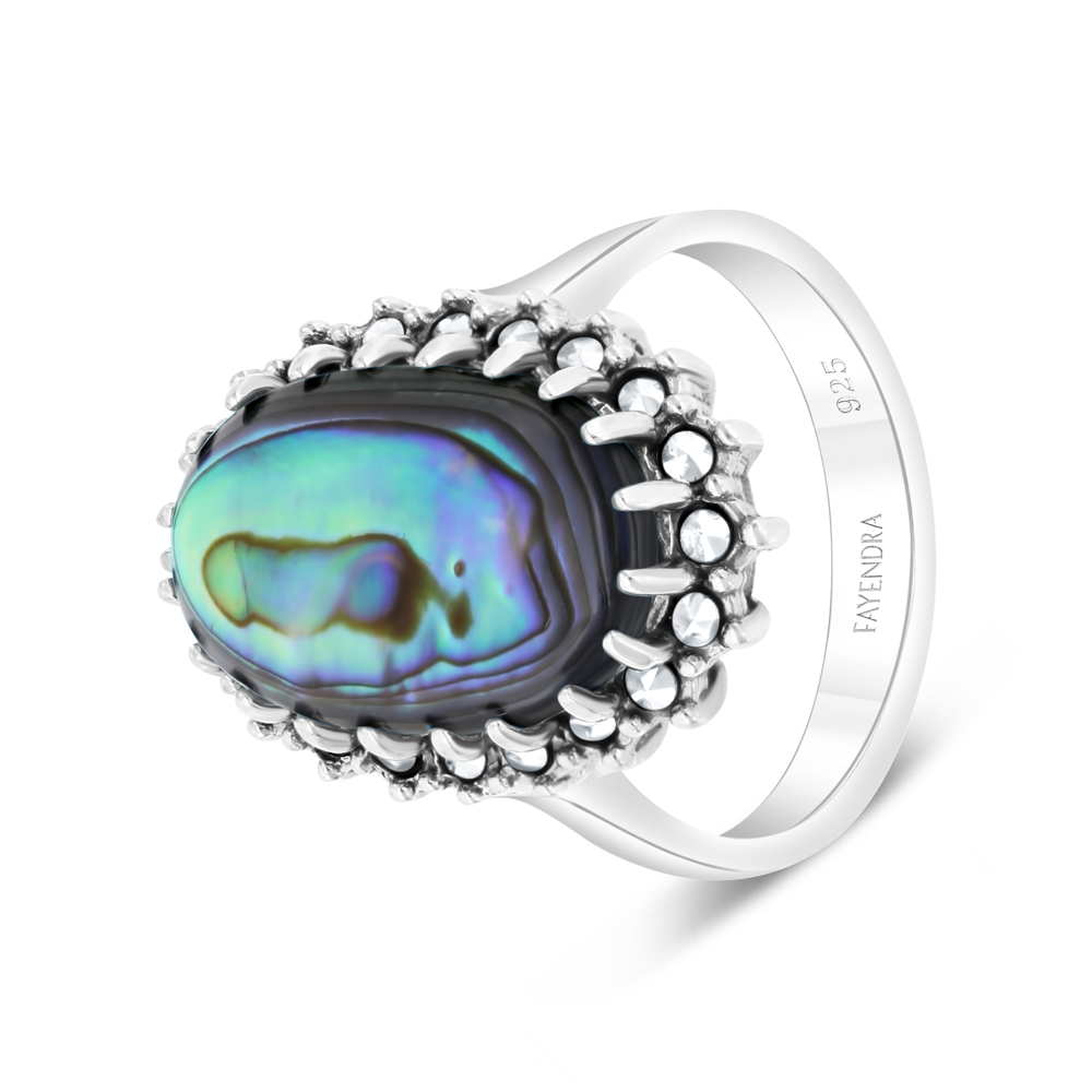 Sterling Silver 925 Ring Embedded With Natural Blue Shell And Marcasite Stones