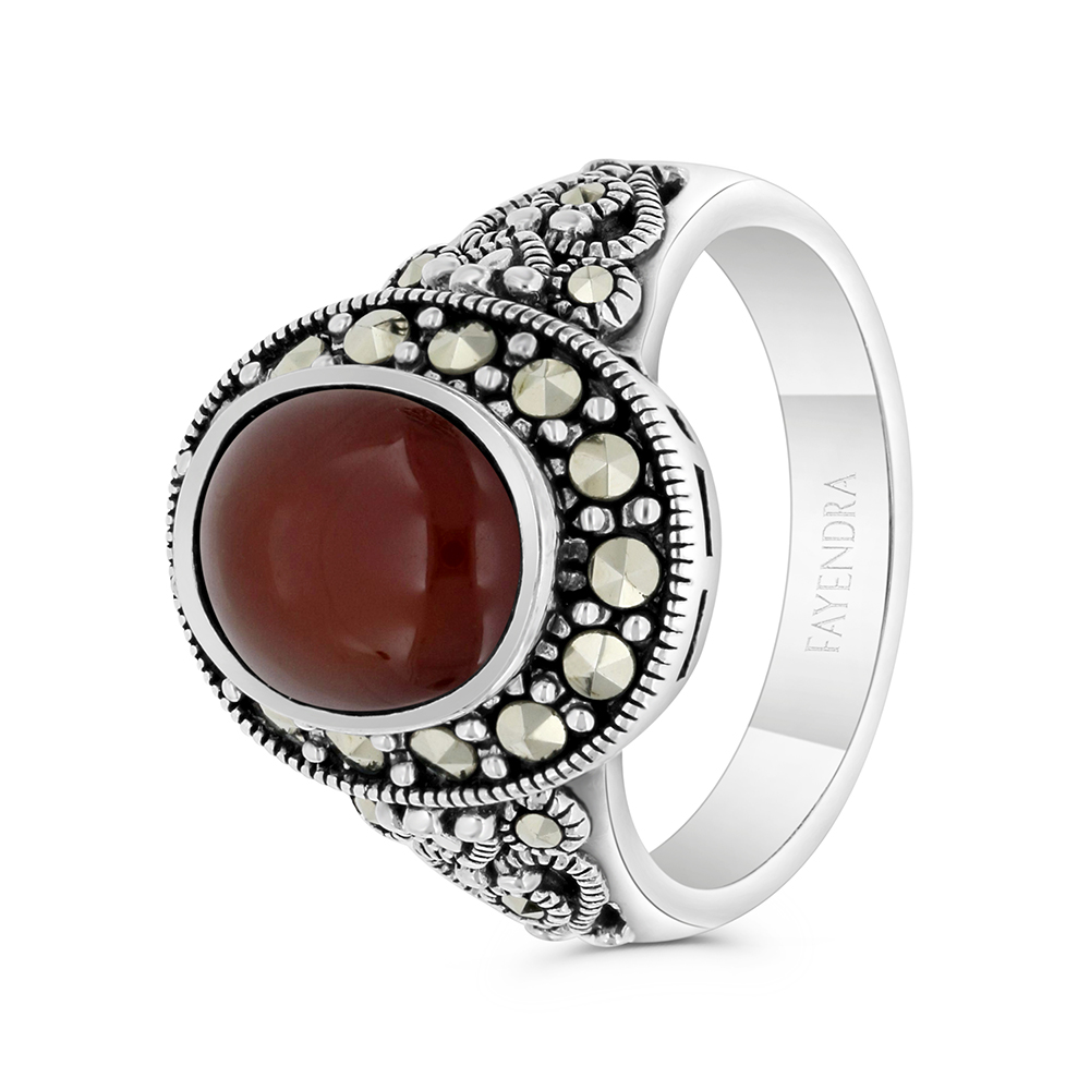 Sterling Silver 925 Ring Embedded With Natural Aqiq And Marcasite Stones
