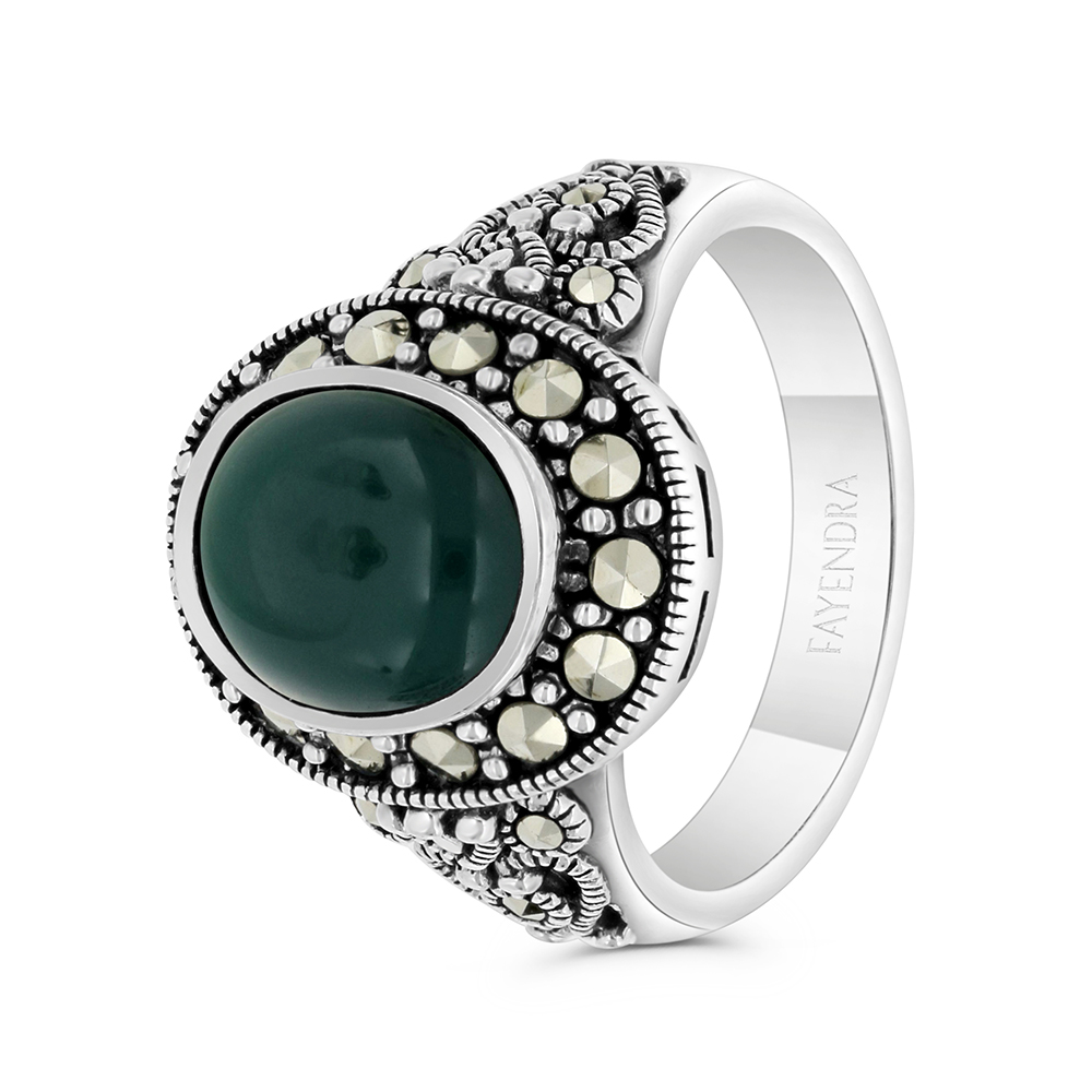 Sterling Silver 925 Ring Embedded With Natural Green Agate And Marcasite Stones