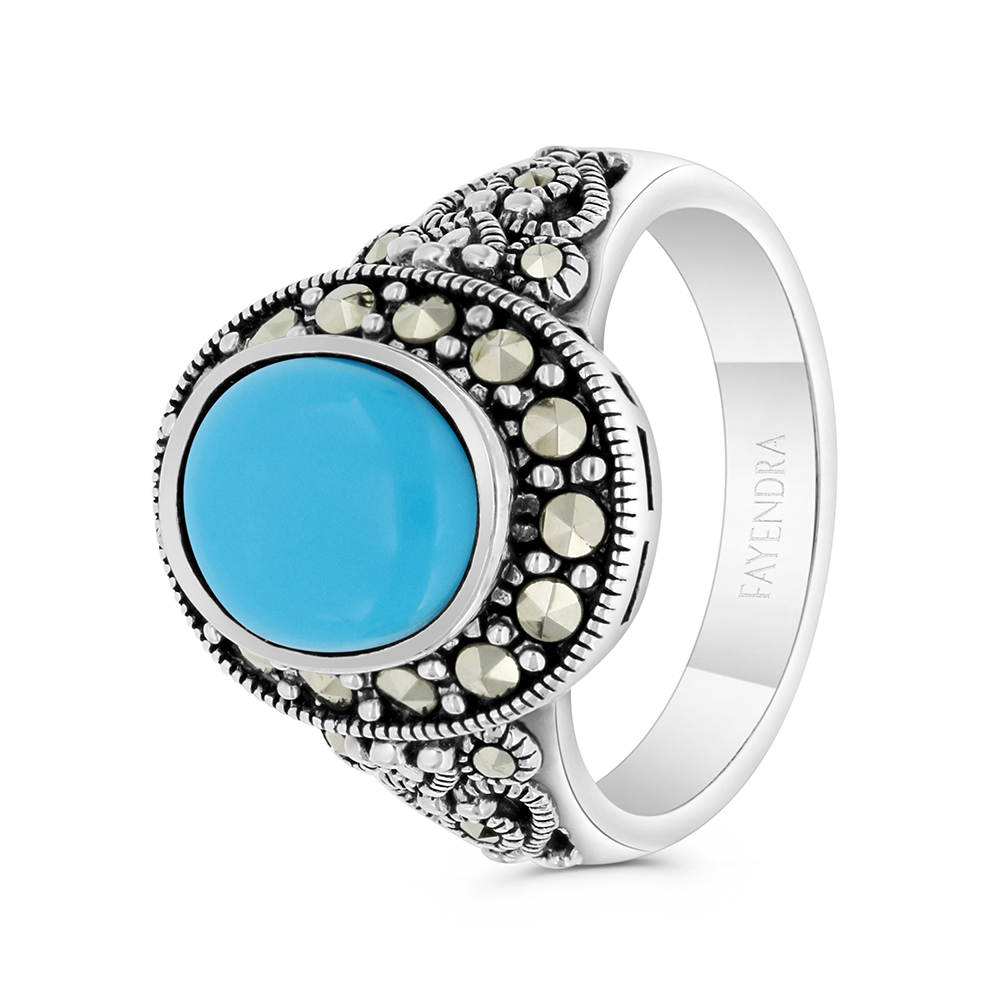 Sterling Silver 925 Ring Embedded With Natural Processed Turquoise And Marcasite Stones