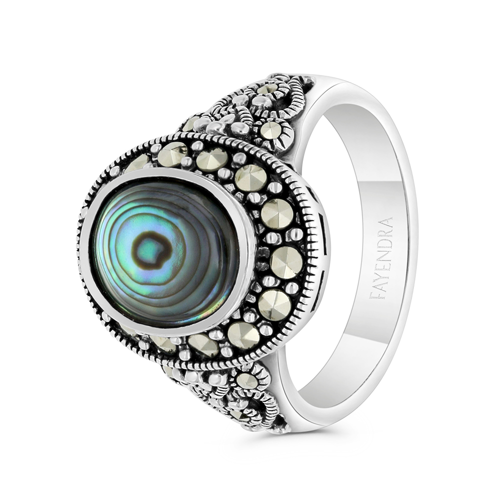 Sterling Silver 925 Ring Embedded With Natural Blue Shell And Marcasite Stones