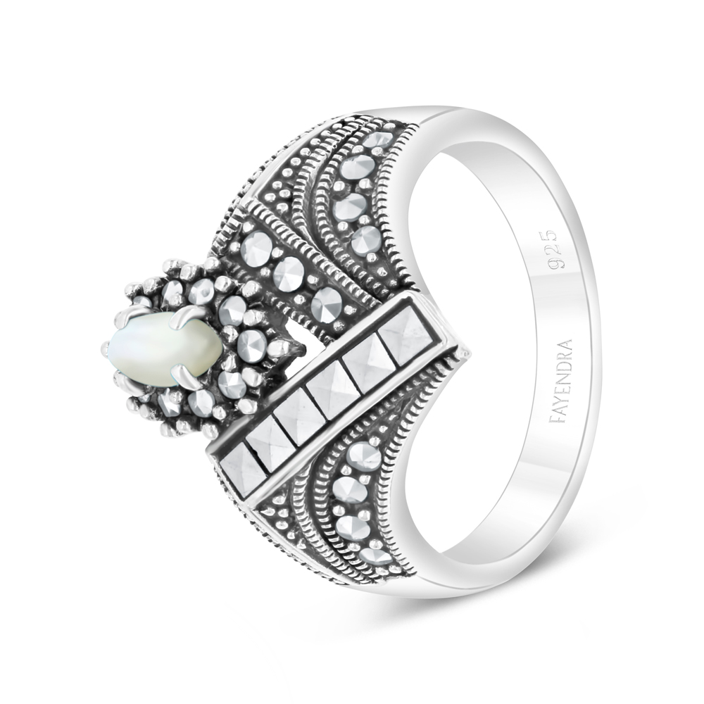 Sterling Silver 925 Ring Embedded With Natural White Shell And Marcasite Stones