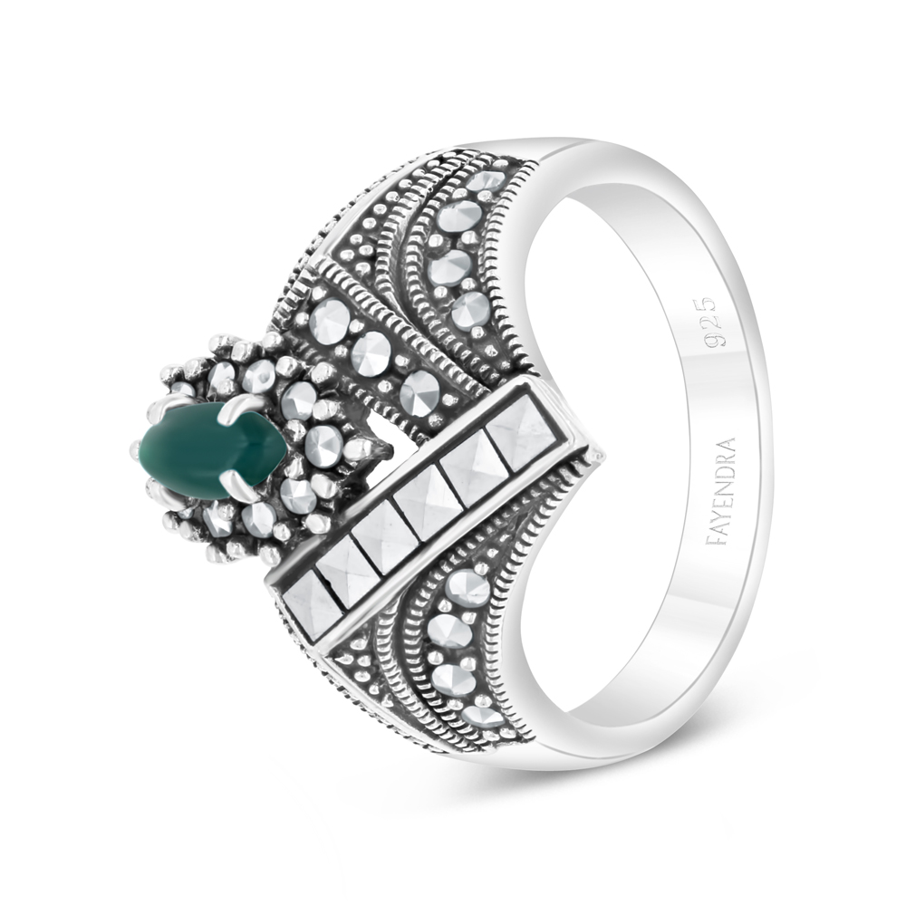 Sterling Silver 925 Ring Embedded With Natural Green Agate And Marcasite Stones