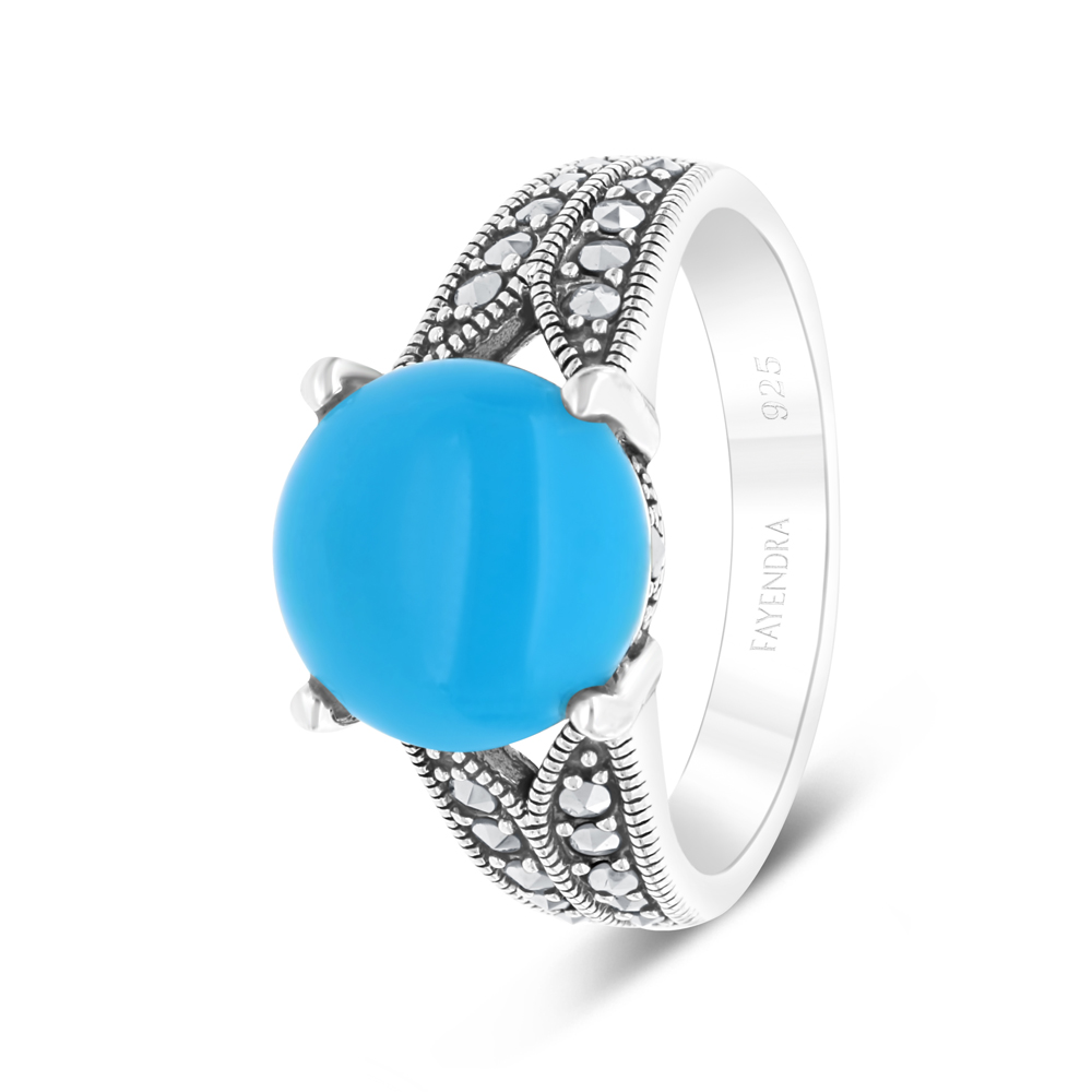 Sterling Silver 925 Ring Embedded With Natural Processed Turquoise And Marcasite Stones