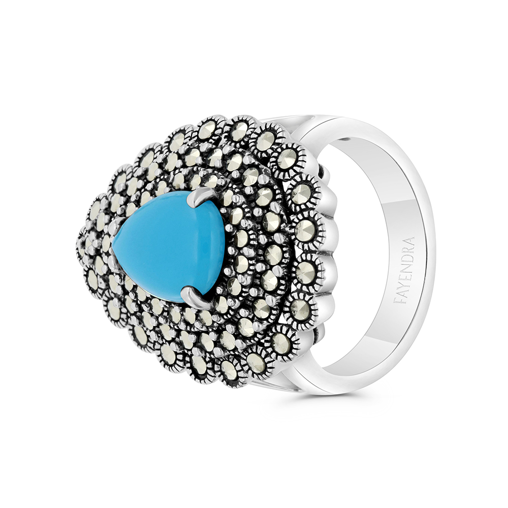 Sterling Silver 925 Ring Embedded With Natural Processed Turquoise And Marcasite Stones