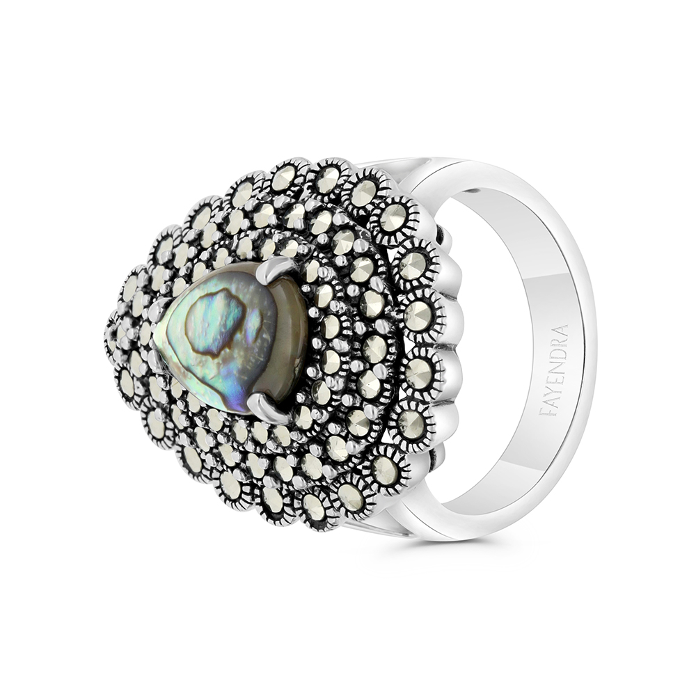 Sterling Silver 925 Ring Embedded With Natural Blue Shell And Marcasite Stones