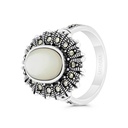 Sterling Silver 925 Ring Embedded With Natural White Shell And Marcasite Stones