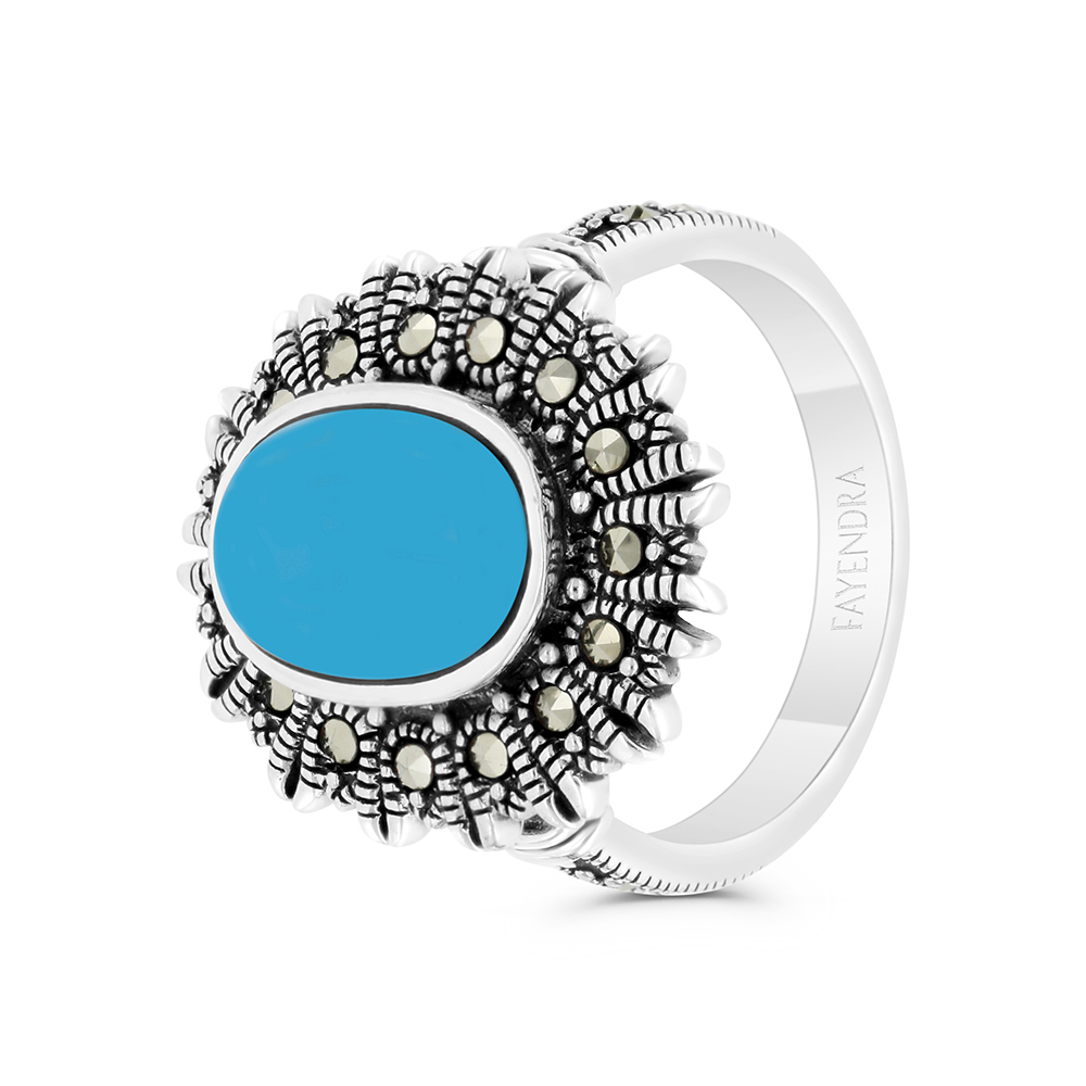 Sterling Silver 925 Ring Embedded With Natural Processed Turquoise And Marcasite Stones