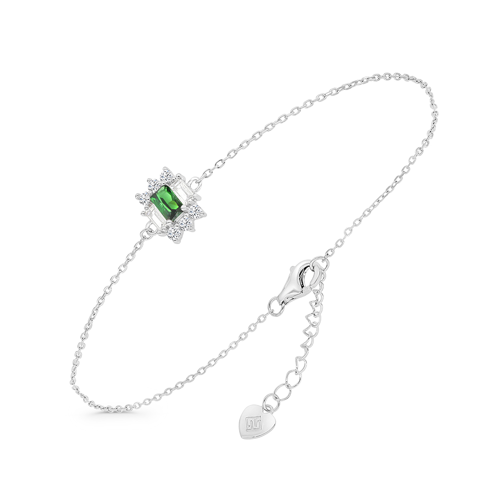 Sterling Silver 925 Bracelet Rhodium Plated Embedded With Emerald Zircon And White CZ