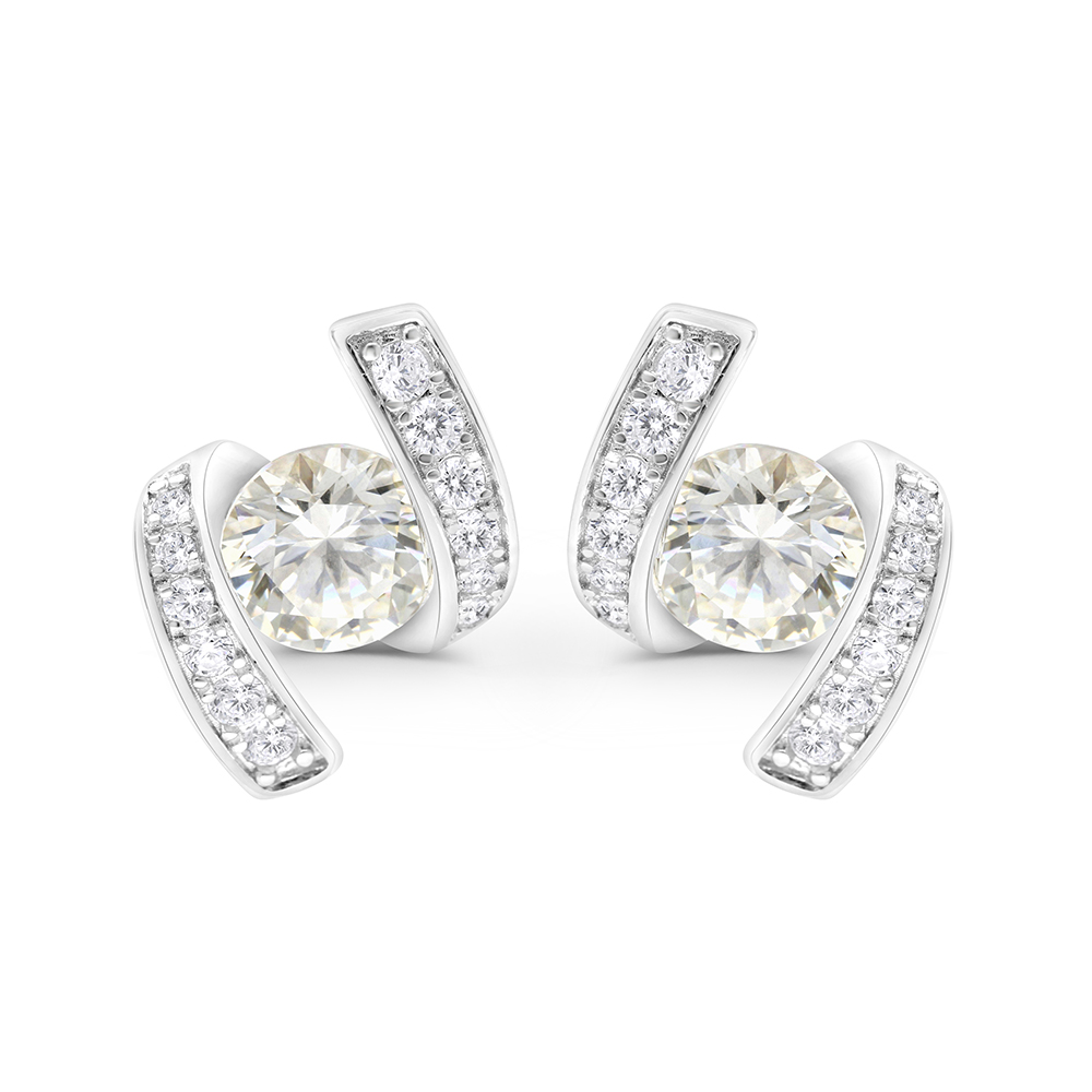 Sterling Silver 925 Earring Rhodium Plated Embedded With Yellow Zircon And White CZ