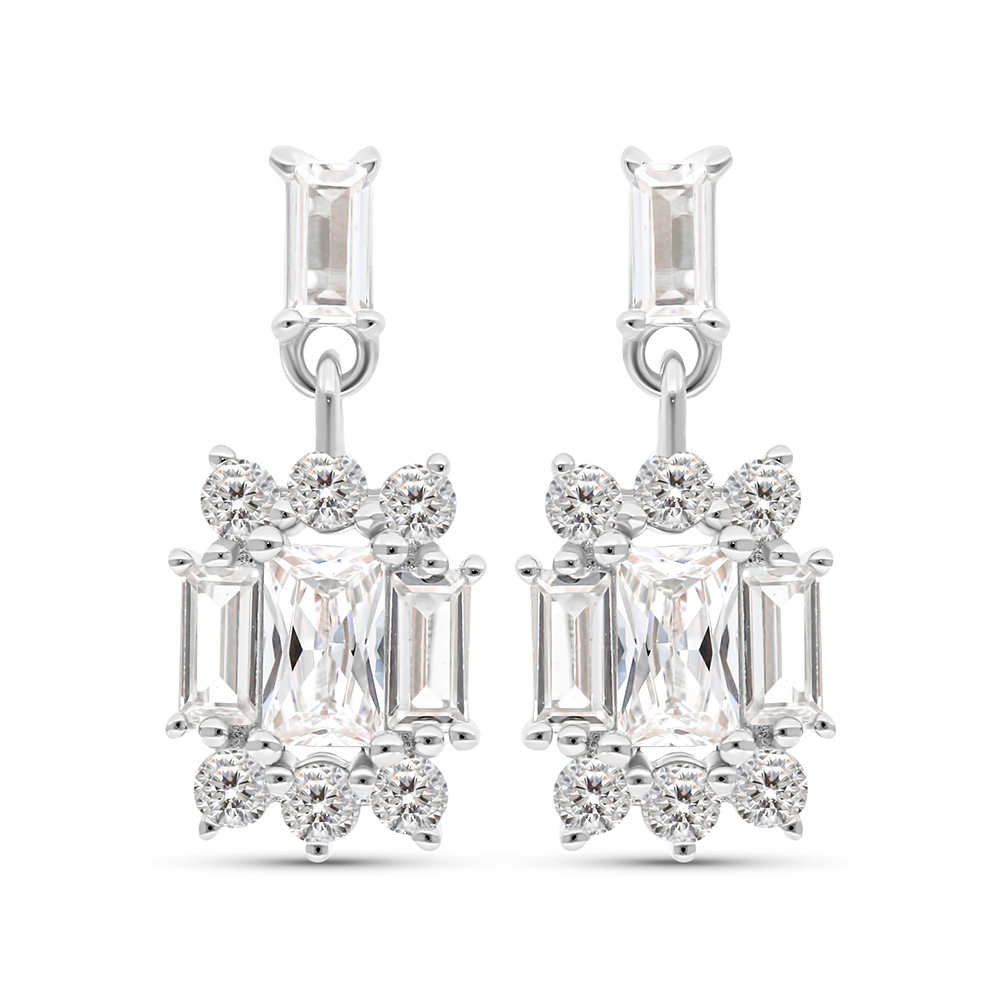 Sterling Silver 925 Earring Rhodium Plated Embedded With Yellow Zircon And White CZ