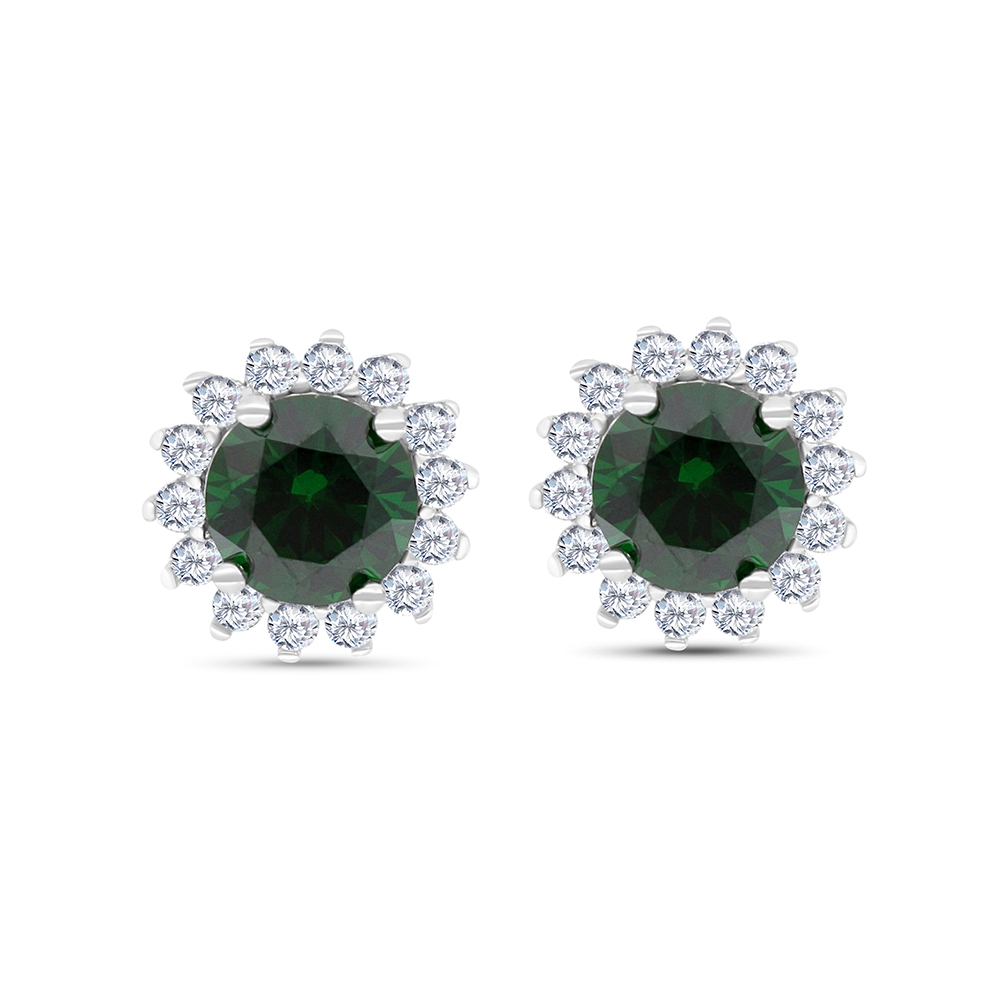 Sterling Silver 925 Earring Rhodium Plated Embedded With Emerald Zircon And White CZ