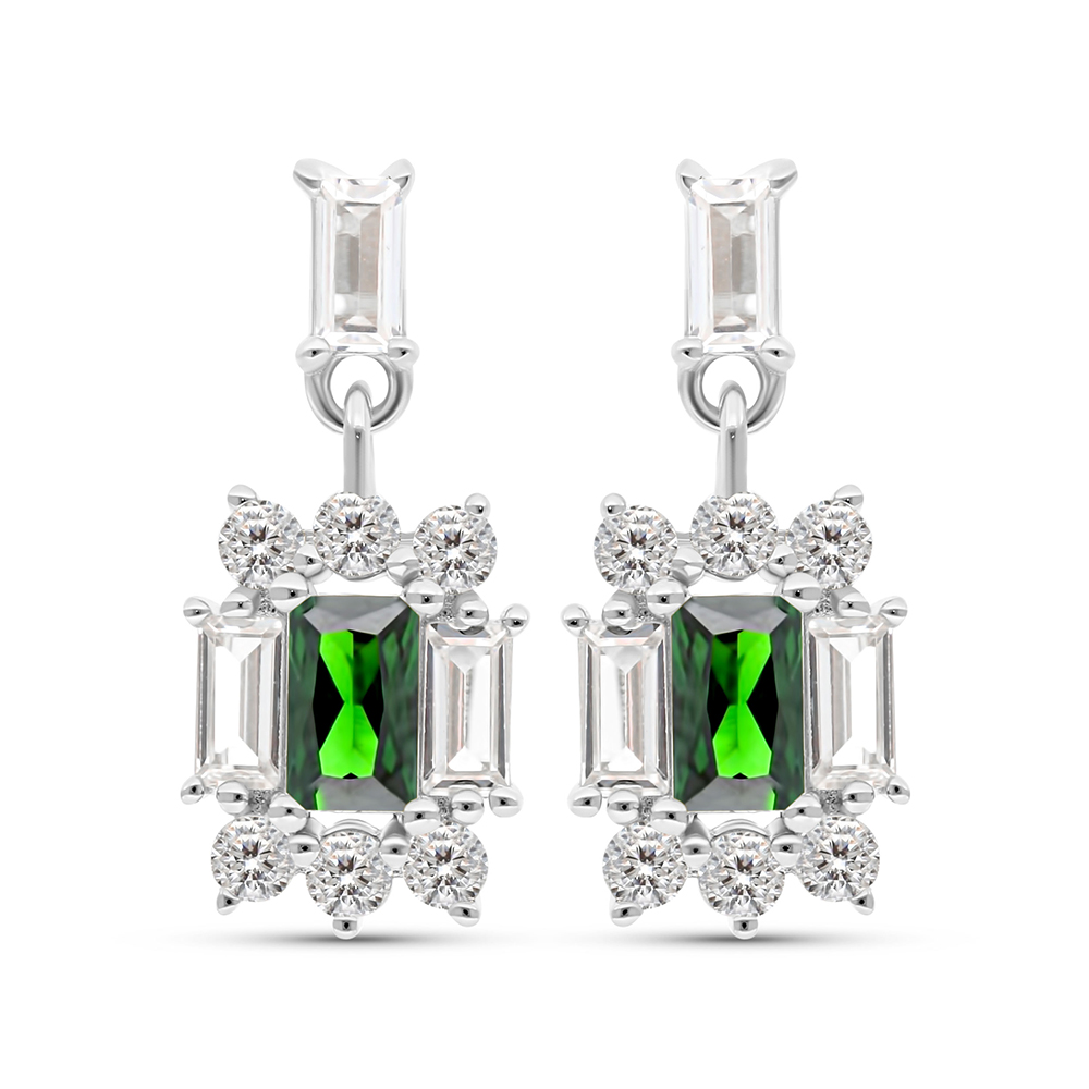 Sterling Silver 925 Earring Rhodium Plated Embedded With Emerald Zircon And White CZ