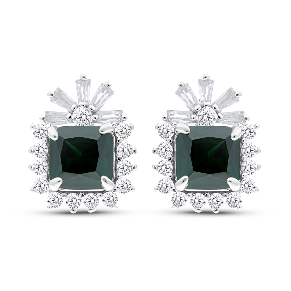 Sterling Silver 925 Earring Rhodium Plated Embedded With Emerald Zircon And White CZ