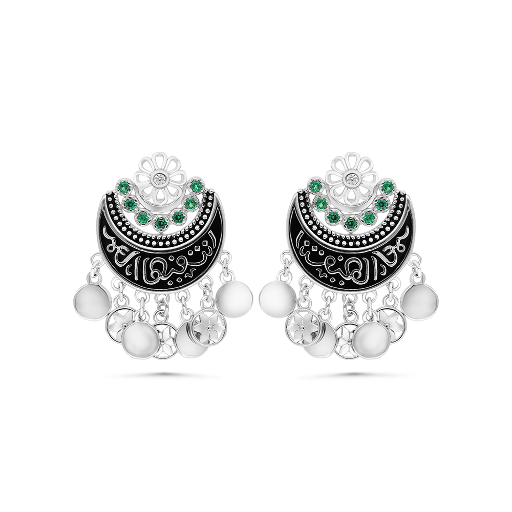 Sterling Silver 925 Earring Rhodium Plated Embedded With Emerald Zircon And White CZ