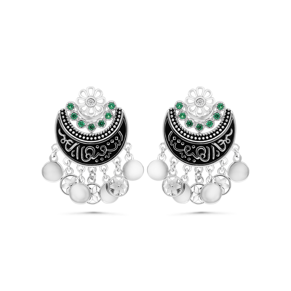 Sterling Silver 925 Earring Rhodium Plated Embedded With Emerald Zircon And White CZ