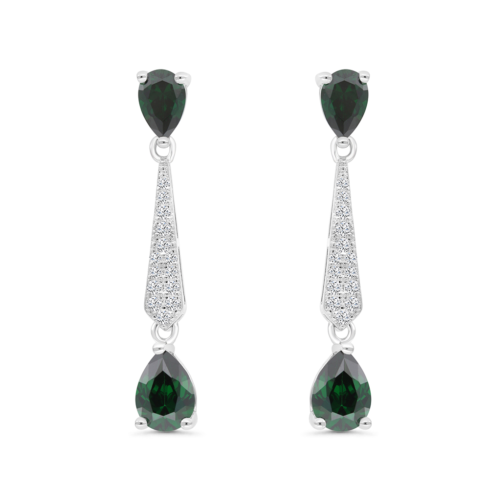 Sterling Silver 925 Earring Rhodium Plated Embedded With Emerald Zircon And White CZ