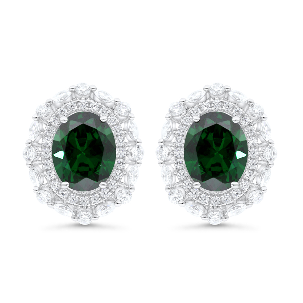 Sterling Silver 925 Earring Rhodium Plated Embedded With Emerald Zircon And White CZ